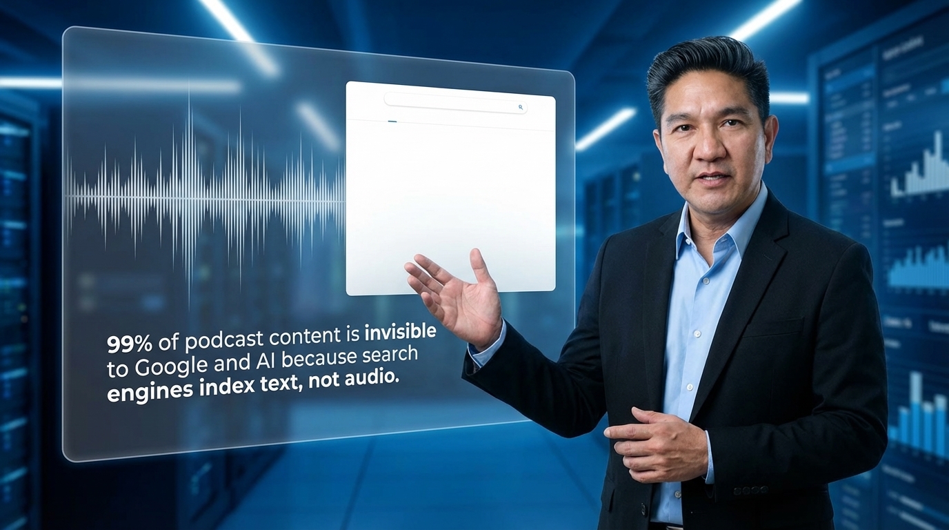 Concept visual: podcast SEO discoverability and article conversion