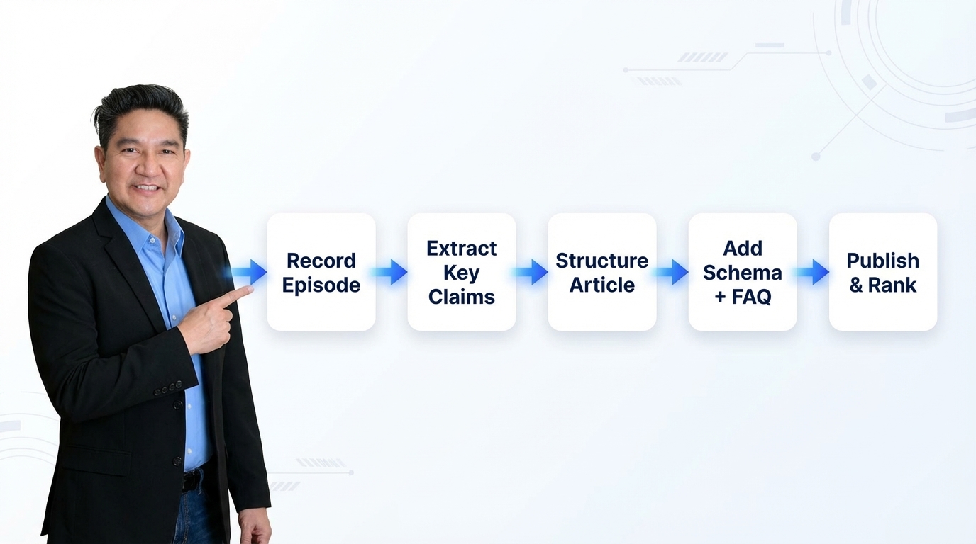 Process diagram: converting podcast episodes to SEO articles